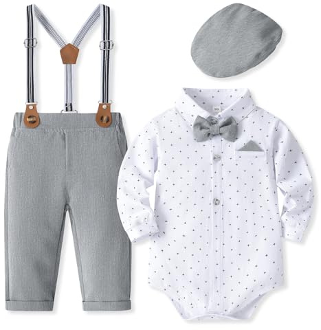 Fohuanky Bebé Niño Traje Formal Caballeros Ropa Conjunto Romper Camisa con Pajarita Tirantes Pantalones y Sombrero para Boda Fiesta de Cumpleaños