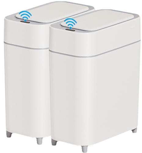 2-Pack - Bathroom Trash Can Automatic Touchless - 2 Gallon Slim Motion Sensor Garbage Can - Waste Basket for Bedroom, Laundry room, Small Spaces - Narrow Automatic Trash Bin - White with Grey Edge