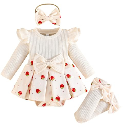 Winmany - Mameluco de bebé niña con estampado de fresa, con diadema de moño de calcetín, mono de manga larga para recién nacido, traje de otoño, invierno y primavera, ropa para sesión de fotos, beige