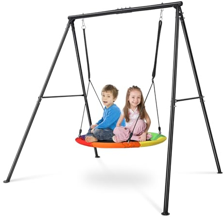 Set altalena con piattino da 104 cm con telaio ad A resistente, capacità di peso di 119,7 kg, piattaforma in tessuto Oxford impermeabile 900D, altezza regolabile, set altalena sicura e durevole per