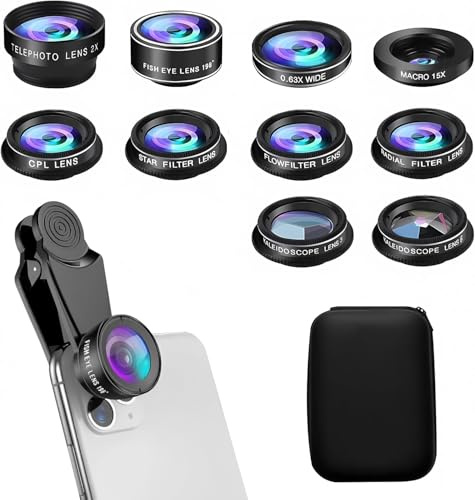 10 in 1 Phone Camera Lens Kit Compatible with iPhone & Android and Most of Smartphone - Wide/Macro/Telephoto/Fisheye + CPL/Star Filters, for iPhone & Android, HD Pouch Universal Phone Lens Clip