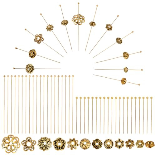 PH PandaHall 384 Stück Kugelstifte mit Abstandperlen Kit Antik Gold Blumen Perlenkappen Kopfstifte für Schmuckherstellung Messing Kugelstifte mit Abstandperlen für Ohrringe Armband Halskette Anhänger