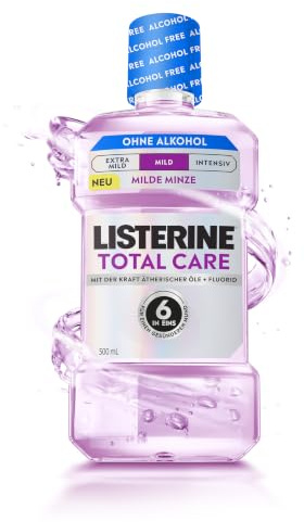 Listerine Total Care Mild Mundspülung, Alkoholfrei, 500 ml | Mundwasser ohne Alkohol mit ätherischen Ölen & Fluorid, 6 in 1 Wirkung mit Kariesschutz & Plaque-Reduktion, milder Geschmack