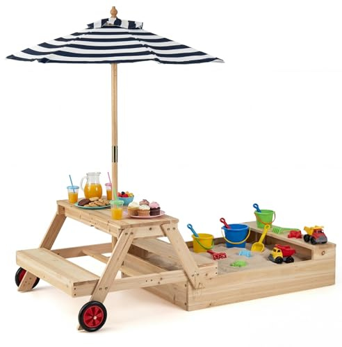 COSTWAY Arenero de Madera Infantil 3 en 1, Caja de Arena con Sombrilla Ajustable, Mesa de Picinic, Bancos, 2 Compartimentos Ocultos, Ruedas, Conjunto de Juego para Exterior para Niños de 3 a 5 Años