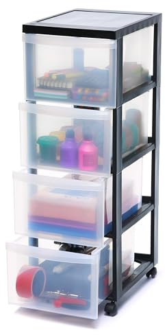 Iris Ohyama Kunststoff-Schubladenbox mit Rollen, 4 tiefen Schubladen, Schwarz, Griffe zum Ziehen, Für Schlafzimmer, Bad, Schule & Büro, BPA-frei, Schubladenschrank, Rollcontainer, A4 Drawer, DC-304