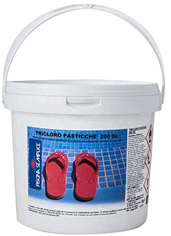 PISCINA SEMPLICE, Cloro 4 Azioni 200g, Trattamento Multi Azione Senza Rame Per Acque Della Piscina, Azione Clorante, Antialghe, Stabilizzante del PH, Flocculante, Formato da 1 Kg