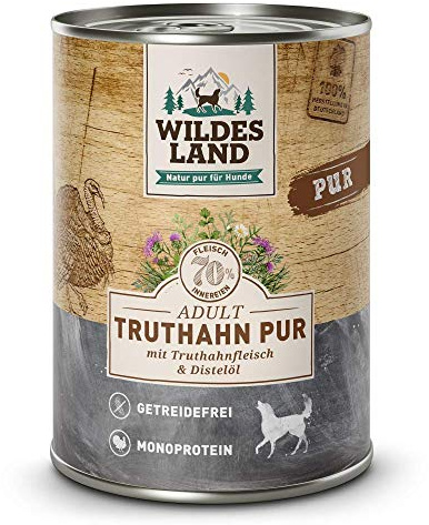 WILDES LAND – Truthahn | Nassfutter mit extra hohem Fleischanteil und natürlichen Zutaten für ausgewachsene Hunde. Getreidefreies Alleinfutter ohne Zusatzstoffe in der Dose | 6x400g Truthahn