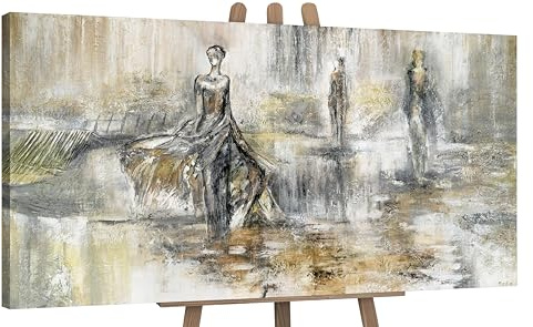YS-Art Abstrakt Acryl Gemälde auf Leinwand handgemalt Modenschau Wandbilder Wohnzimmer moderne grau beige braun Retro Wohndekor Bilder echte Kunst 140x70 cm