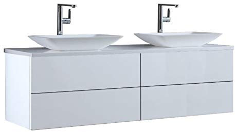 StoneArt Badmöbel Set mit Mineralguss Waschbecken Waschschale Aufsatzwaschbecken und Unterschrank Waschtisch Einzel- oder Doppelwaschbecken Brugge BU-1601pro-1 weiß 160cm