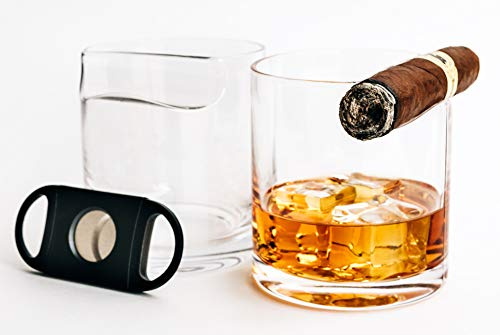 Ruckus Creations Set of 2 Whiskey Glasses with Top Mounted Cigar Rest; Includes Cigar Cutter and eBook