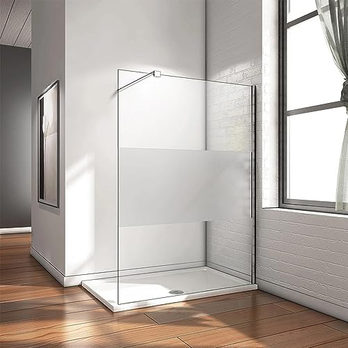 ALONI Walk In Dusche begehbare Duschwand aus ESG Echtglas mit halbmattem Mittelteil, Glaswand mit Nano-Beschichtung und Sichtschutz, teilgerahmt, Glasdusche links oder rechts montierbar, 140x200 cm