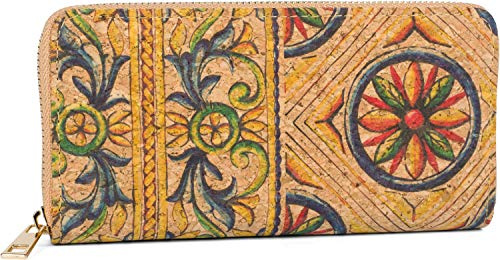 styleBREAKER Damen Geldbörse aus Kork mit Buntem Muster Print im Ethno Look, Reißverschluss, Portemonnaie 02040138, Farbe:Blau-Gelb-Grün