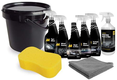 AA Cleaning Kit 5x 750ml Of Cockpit Shine, Glass Cleaner & Tyre Shine, 1L Waterless Wash And Wax, Jumbo Car Sponge, 2 Microfibre Cloths, 10L Bucket