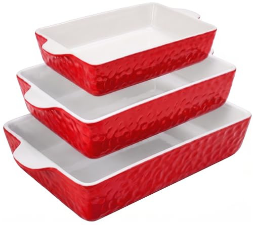 NutriChef 3-Piece Ceramic Casserole Dish for Oven - Premium Lasagna Baking Pans w/ Nonstick Coating & Built-In Handles - Dishwasher & Microwave Safe - 14 x 8, 10 x 6, 7 x 5 - Red