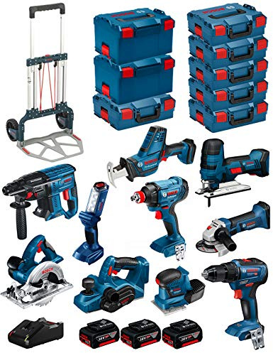BOSCH Professional Kit 18V BK1002 (GST 18V-LI S+GKS 18V-LI+GBH 18V-21+GWS 18-125V-LI+GSR 18V-55+GSA 18V-LI C+GDX 18V-180+GLI 18V-300+GHO 18V-LI+GSS 18V-10+3 Batterien 5,0Ah+Ladegerät+8xL-Boxx+Caddy)