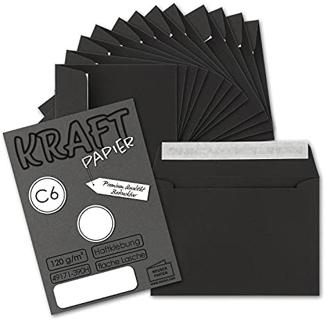 50x Briefumschläge DIN C6 Kraftpapier - Schwarz - 11,4x16,2 Haftklebung | NEUSER PAPIER - mit Haftklebung - 114 x 162 mm - Vintage Recycling Kuverts - Kraftpapier - selbstklebend -