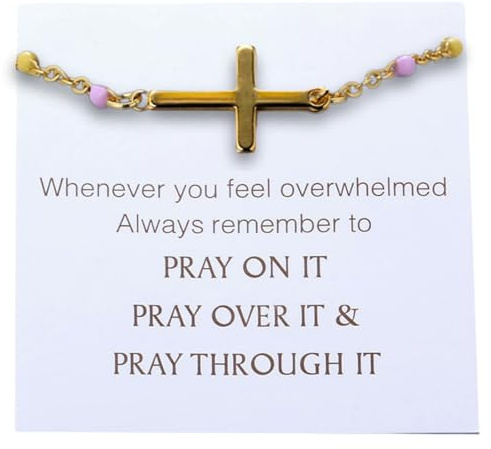 Halukakah Bracelet Croix de Prière Plaqué Or 18k - Bijoux Chrétiens pour Confirmation,Baptême,Cadeaux Catholiques - Perles Colorées Artisanales,Bracelet de Foi pour Sœur,Fille,Amies avec Carte de Pray