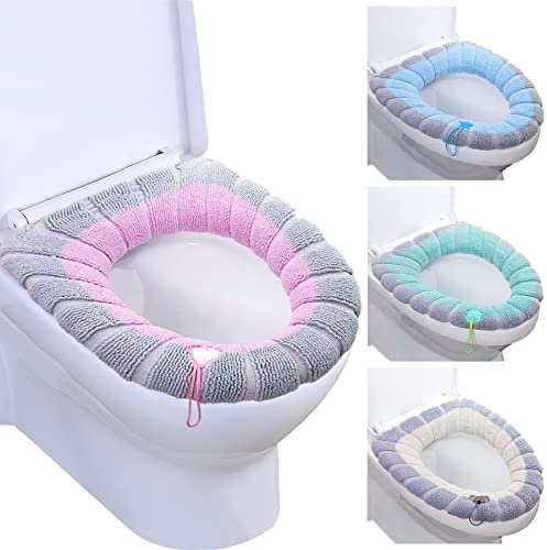Dreamark 4 stück Toilettensitzbezug Waschbar WC Sitzwärmer mit Griff weiche WC Deckelbezug um die Klobrille im Winter warm zu bleiben Toilettensitzabdeckung universal dehnbar für Zuhause Büro