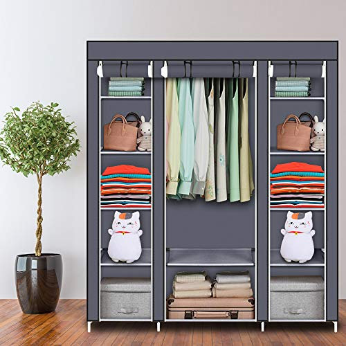 Oshion Kleiderschrank Faltschrank Stoffschrank Faltbare Garderobe Canvas mit Reißverschluss Stoffschrank Kleiderschrank mit Kleiderstange, Fächern (150 x 45 x 175 cm grau)