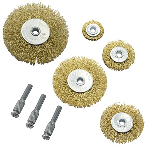 AERZETIX - C62093 - Lot de 5 Brosses métalliques circulaires Ø25, 37, 50, 62, 75mm à alésage + 3 axes de fixation - fils ondulés en acier zingué jaune - ébavurage décapage dérouillage nettoyage