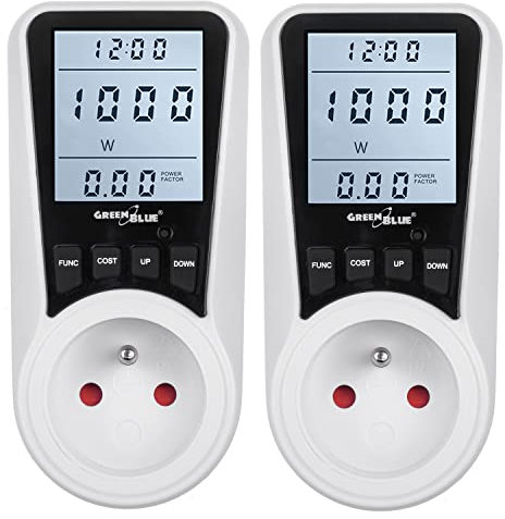 Green Blue GB350 E Compteur de consommation d'énergie Pack de 2 Consommation d'énergie Compteur de consommation d'énergie Compteur de puissance Wattmètre 7 modes Puissance maximale 3680W