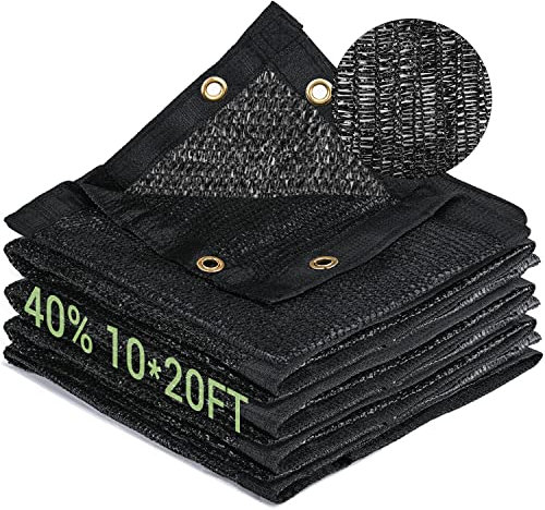 Tela de sombra negra de 10 x 20 pies, lona de malla 40% HDPE con ojales, resistente a los rayos UV para exteriores, para invernadero, jardín, plantas de patio, pérgola