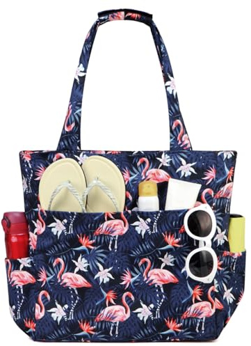 Kasgo Strandtasche Handtasche Damen, Wasserabweisend Sanddichte Große Tote Bag Schultertasche Aktentasche für Fitnessstudio, Reisen, Einkaufen, Schule Flamingo