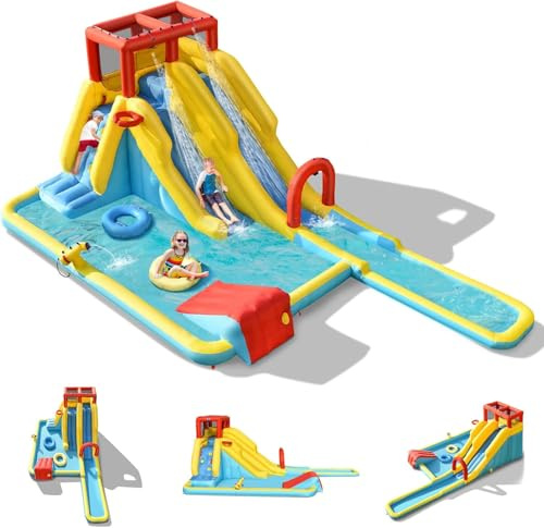 GOPLUS Château Gonflable Aquatique avec Piscine,Pistolet d’Eau Toboggan Aquatique pour 3 Enfants 3-10 Ans Jusqu'à 160KG(Slide, sans Souffleur)