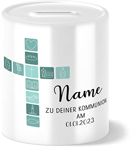OWLBOOK Kommunion Kreuz mit Symbolen blau Spardose personalisiert Geschenk Kommunion Geschenke für Mädchen und Junge Gastgeschenk Geldgeschenke Erstkommunion