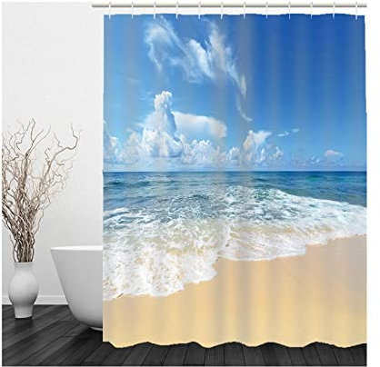 Whoiy Bath Curtain Blue, Duschvorhang Eckbadewanne 165X180cm Polyester Duschvorhänge Strand Waschbar Wasserdicht