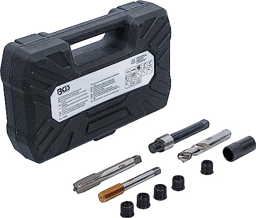 BGS 74243 | Reparatursatz Öl-Ablass-Gewinde | Alu-Ölwannen M12 x 1,75 mm | Gewindebohrer, Einsetzwerkzeug, Fräser, Bohrer, Führungshülse | 5 Gewinde-Reparaturhülsen