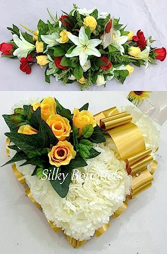 Silky Bouquets Artificial Silk Funeral Flower Package Heart Spray Mum Dad Son Baby Childrens (Orange)