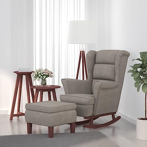 KOIECETA Silla mecedora con patas de goma de madera maciza, sillón de relax, sillón balancín, sillón balancín, sillón reclinable, sillón tapizado de terciopelo (gris claro, con reposapiés)