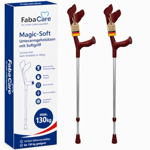 FabaCare Krücke mit Softgriff Magic-Soft, 2 Stück Unterarmgehstützen mit Softgrip, Gehhilfe höhenverstellbar, leichte Gehstütze, Unterarmkrücke bis 130 kg, Weinrot