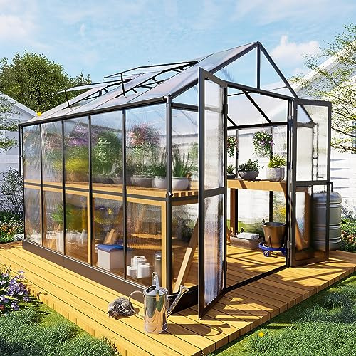 HOWE 8x10x7.5 FT Polycarbonate Greenhouse Double Swing Doors 2 Vents 5.2FT Added Wall Height, Walk-in Large Aluminum Sunroom Winter Greenhouse for Outdoors, Black