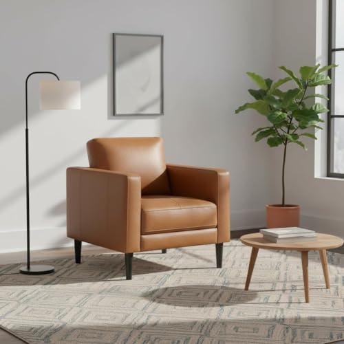 Naomi Home, Mid-Century Modern Accent Chair, Genuine Leather, Upholstered, Single Sofa for Living Room, Bedroom, Reading Chair, Comfy, Tan
