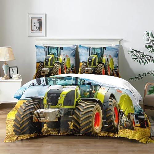 Yzehomijia Bettbezug Traktor 140×200cm, Traktor Bettwäsche Set Traktor für Kinder, 1 Mikrofaser Bettbezug + 2 Kissenbezüge 65x65 cm (T2×140)