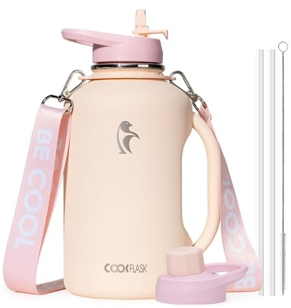 Coolflask 2L Water Bottle Insulated Stainless Stee with Handle & 2 Lids | Triple-Wall Vacuum Copper Plating, Cold 48+h/Hot 24+h, Dishwasher Safe, Leakproof, BPA-Free, for Gym & Hiking, Lavender