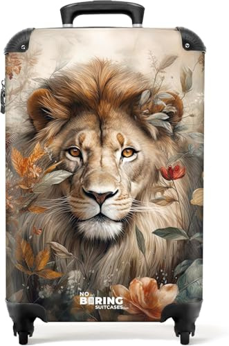 NoBoringSuitcases© Handgepäck Koffer Trolley Reisekoffer Handgepäck-Koffer | 55x35x20 cm - 4 Rollen Leicht Carry on Luggage Hartschalenkoffer Löwe - Blumen - Braun