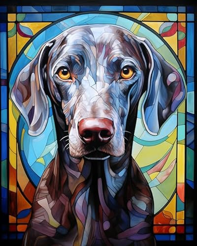 ZMHZMY Malen-nach-Zahlen-Set für Erwachsene,Weihnachten,Weimaraner Hund, Buntglasfenster-Stil,Personalisiertes digitales Ölgemälde,Geschenke für die Weihnachtsfeiertage,40x50cm