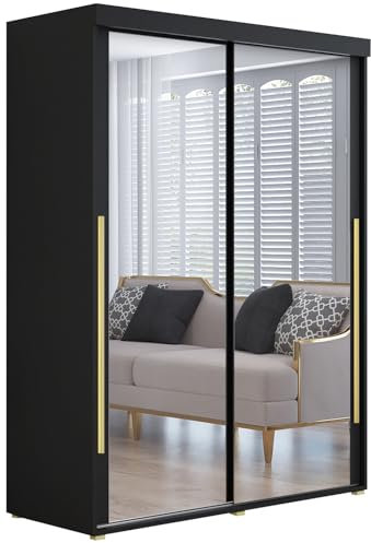 Meble Slupia Kleiderschrank IGA 2 - Schiebetüren mit Zwei Spiegel - Holzwerkstoff, Kleiderstange, Geteilte Tür - Für Schlafzimmer, Vorraum, Garderobe - Goldener Griff - 100x202x62 cm, Schwarz