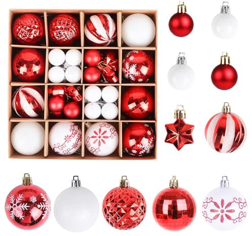 ZALAON 44 Pcs Christmas Ball Ornaments, 1.2/2.3 Inch Red White Christmas Baubles Christmas Tree Hanging Ball Set for Xmas Party Indoor Outdoor Decorations