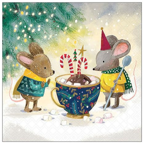 20 Servietten Winter Mäuse mit Tasse voller Süßigkeiten als Tischdeko. Papierservietten mit Motiv. Auch für Decoupage und Serviettentechnik 33x33cm