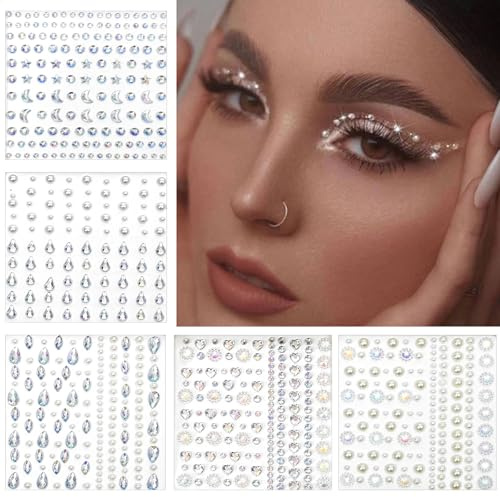 NATOSU 5 Stück Glitzersteine Gesicht, Selbstklebende Glitzersteine und Strasssteine für Festival, Karneval und Make Up