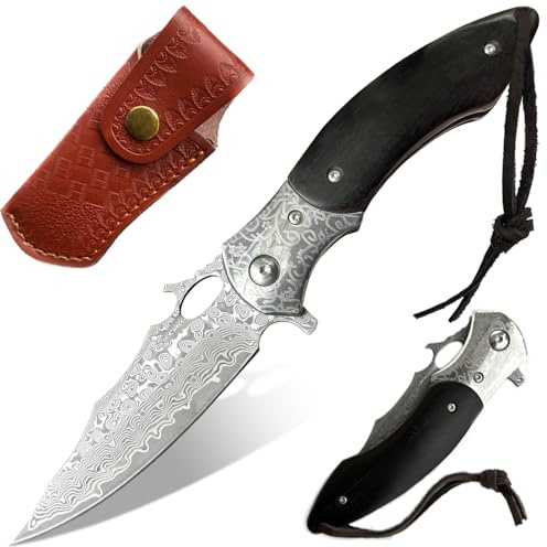 BFYLIN Damast Taschenmesser Klappmesser, VG10 Damaststahl Outdoor Taschenmesser, Damastmesser Holzgriff Messer Mit Lederscheide für Camping Outdoor Fishing Survival Messer (D)