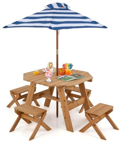 COSTWAY Tavolo da Picnic per Bambini, Set di Tavolo e Panca in Legno con 4 Sedie, Ombrellone Pieghevole e Regolabile in Altezza, per Patio, Giardino e Cortile, per Bambini 3+ Anni