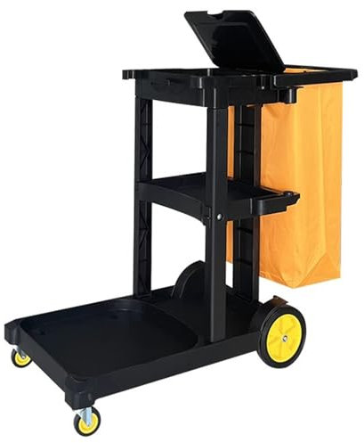Reinigungswagen Hausmeisterwagen, Langer Plattformwagen, mit 25-Gallonen-Müllsack, 3 Regale, Allzweck-Schiebewagen mit Einer Tragkraft von bis zu 300 lb(Black)