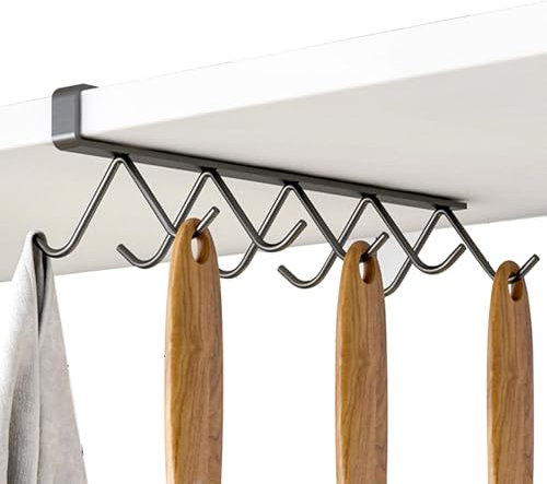 Portavasos de cocina, portatazas, almacenamiento de tazas, organizador de tazas | Organizador de tazas bajo estante con 10 ganchos colgantes | Ahorro de espacio eficiente en armarios para estante