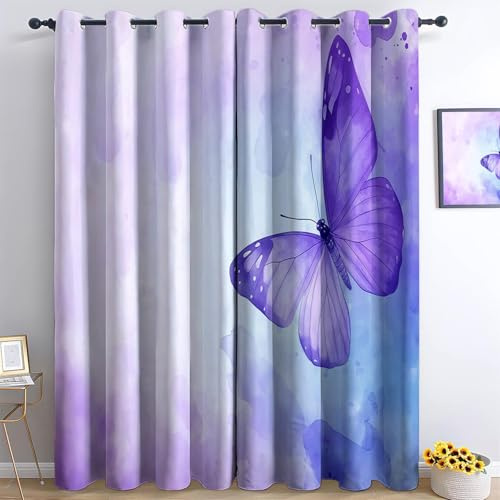 Aquarellhintergrund Lila Schmetterling Vorhänge 3D Drucken Wohnzimmer Gardinen Verdunkelungsvorhänge 2er Set, Vorhang Blickdicht Wärmeisolierend Gardine mit Ösen Schlafzimmer Deko 2 x H166 x B75 cm