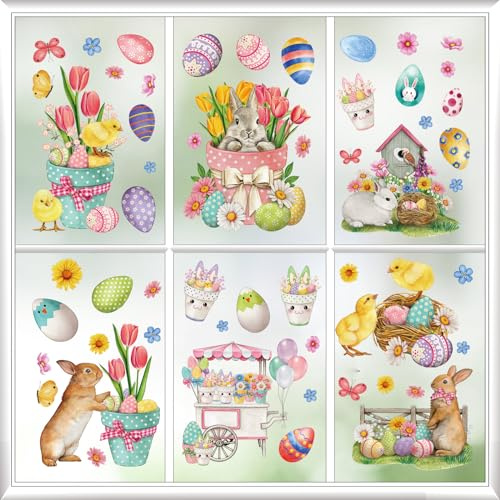 Tsathoggua Oster-Fensteraufkleber, 9 Blatt Osterhase Fensteraufkleber PVC Statische Aufkleber, Osterdekoration Fensteraufkleber mit Hase, Eier, Karotte (D)
